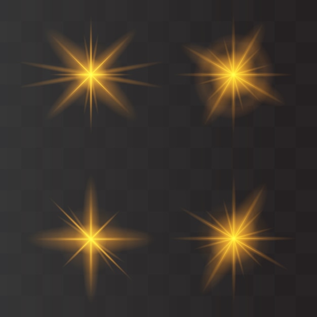 Vector set of flashes, star burst and sparkles on transparent background. golden glowing effect with light rays. vector illustration.