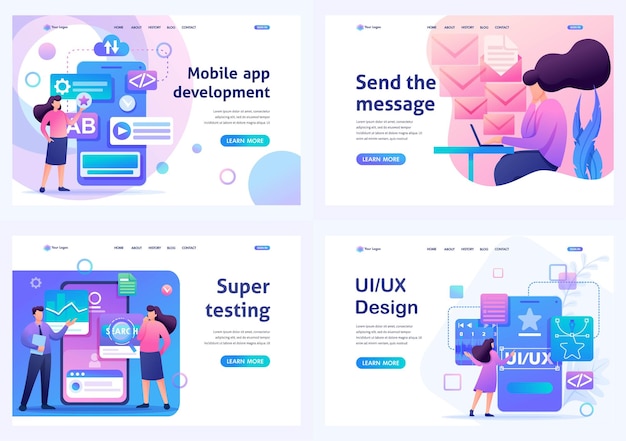 평평한 2D 개념을 설정 모바일 앱 UI UX 디자인 슈퍼 테스트 랜딩 페이지에 메시지를 보내
