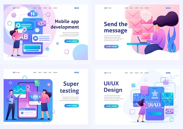 Vector set flat 2d concepts mobile app ui ux design super testing send message for landing page