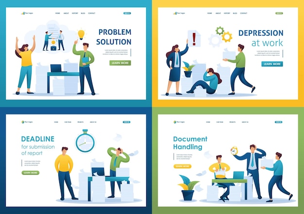 Установите плоские 2d-концепции решение проблемы обработка документов депрессия на работе крайний срок отмена контракта для концепций целевой страницы и веб-дизайна