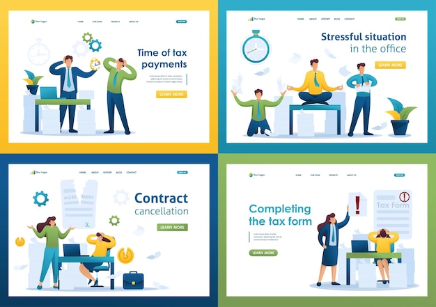 フラット 2D コンセプトの設定 納税の時期 税務フォームの記入 ストレスの多い状況 契約のキャンセル ランディング ページのコンセプトと Web デザインの場合