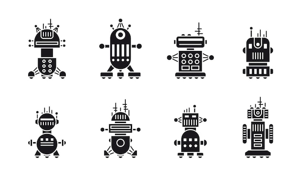 Set of flat black and white silhouette robots isolated on white background