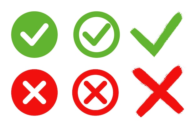 フラットボタンの緑のチェックマークと赤い十字のセットベクトル図