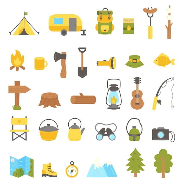 Vector set of flat camping elements for creating logos posters worksheets for kids