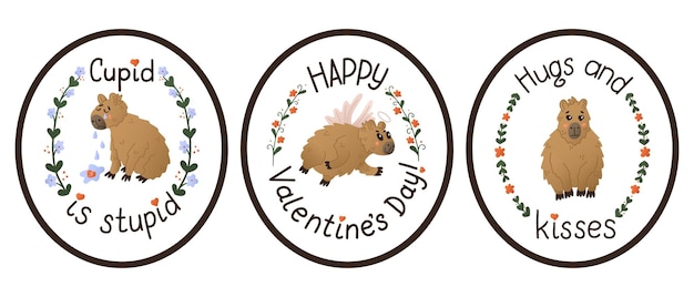 Vector set of flat capybaras stickers with hand lettering