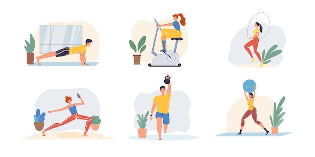 Vector set of  flat cartoon family characters doing indoor sport activities