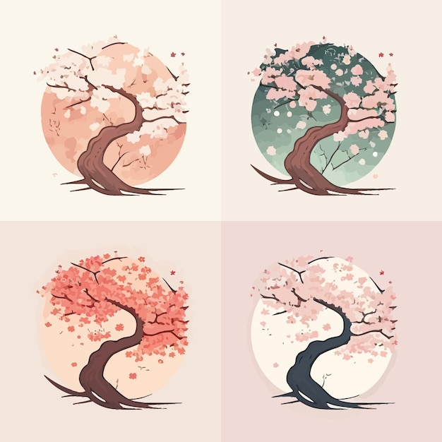 Vector set of flat cherry blossom trees illustration