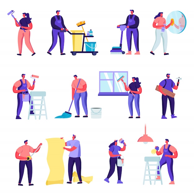 Set of flat cleaning company service characters