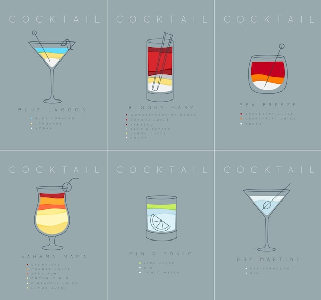 Vector set of flat cocktail posters blue lagoon bloody mary sea breese gin and tonic dry martini