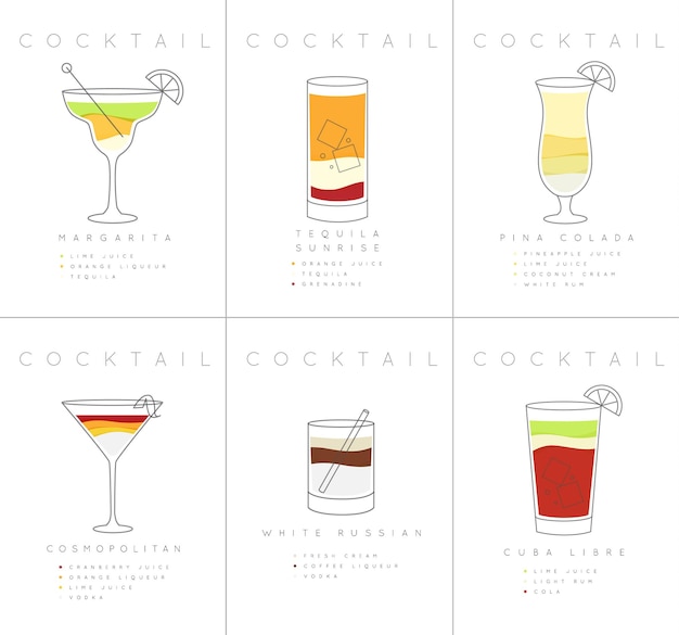 Vector set of flat cocktail posters margarita tequila sunrise pina colada cosmopolitan white russian