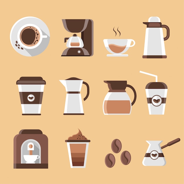 フラットコーヒーのアイコンと要素のセット