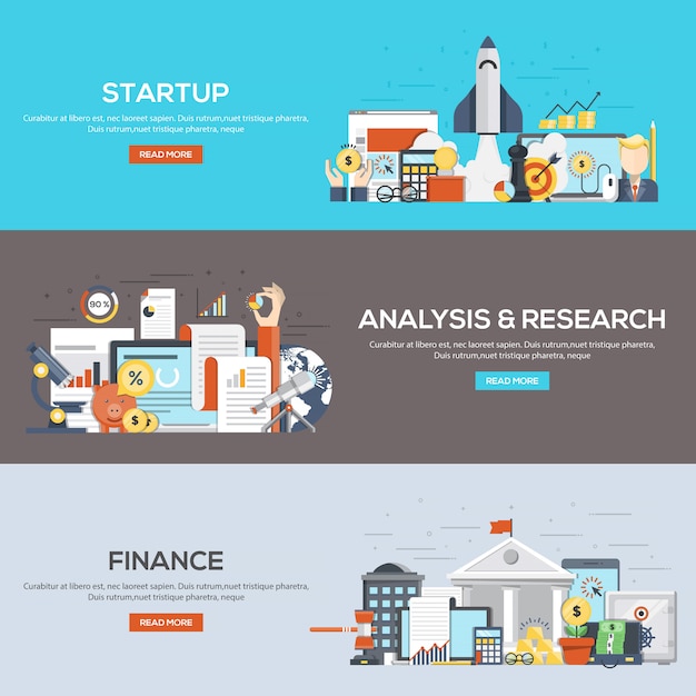Набор плоских цветных дизайн веб-баннеров для запуска, анализа и исследований и финансов