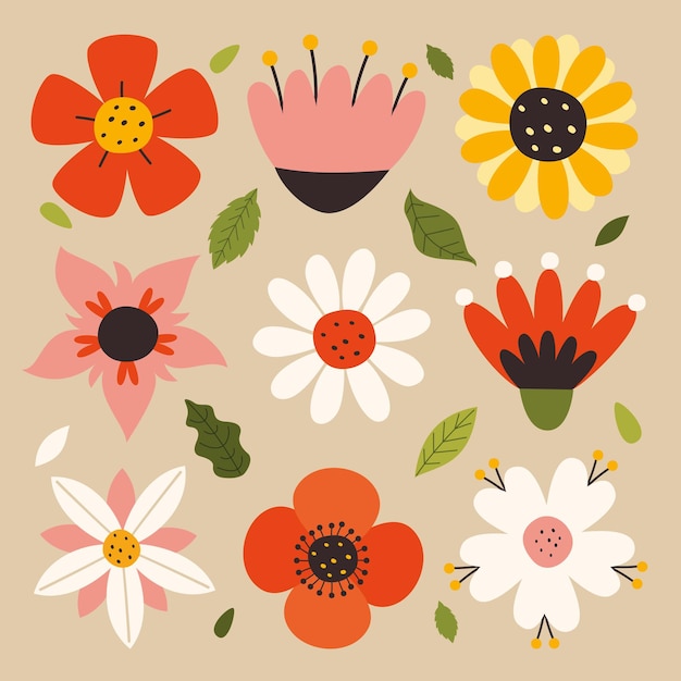 Vector set of flat colorful flowers