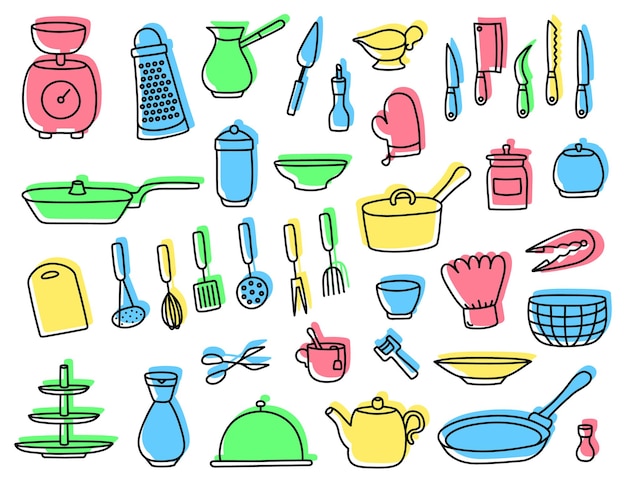 Набор плоских красочных нарисованных вручную кухонных принадлежностей, чайников, кастрюль, посуды, ножей, стаканов, чашек, банок