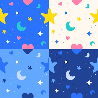 Set di piatto carino minimo cielo notturno cuore luna stella scintilla disegno vettoriale bianco blu navy
