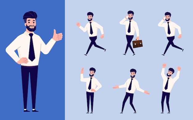 Set of Flat design businessman in many gesture isolated on white background Business people in different pose in workplace Character with separate body part for easy to animate in animation program