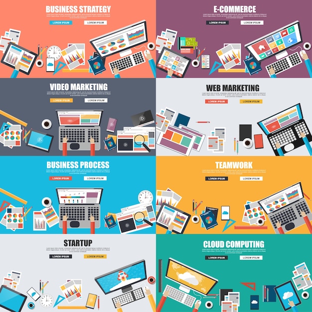 Vector set of flat design concept for business strategy, video and web marketing, e-commerce, bus