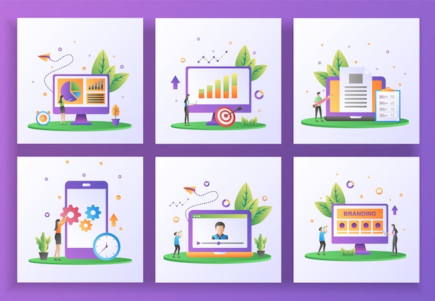 フラットなデザインコンセプトのセット。データ管理、販売報告、コンテンツ作成者、モバイルアプリの更新