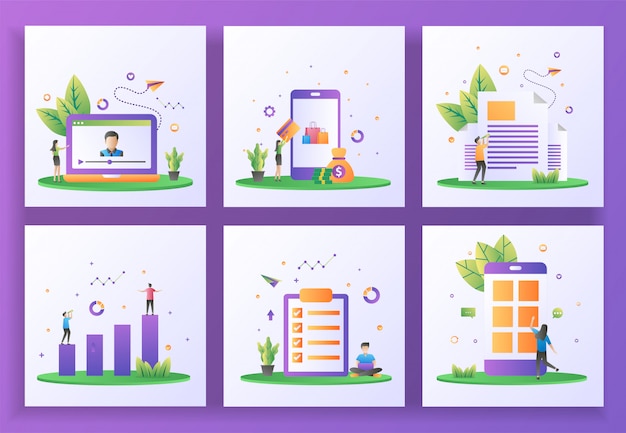 フラットなデザインコンセプトのセット。オンラインストリーミング、オンライン支払い、ニュースレター、投資、ジョブリスト、モバイルアプリ。