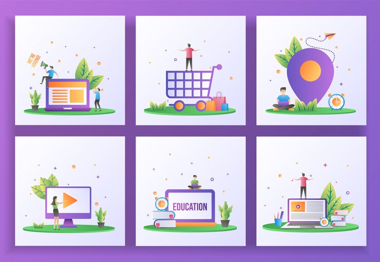 Set of flat design concept. We are hiring, Happy shopping, Location, Video play, Online education, E-Learning. 