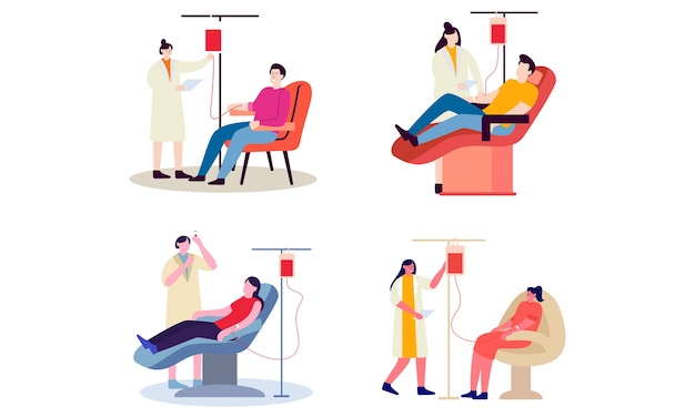 Vector set of flat design of people donating blood illustration