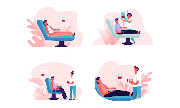 Set of flat design of people donating blood illustration