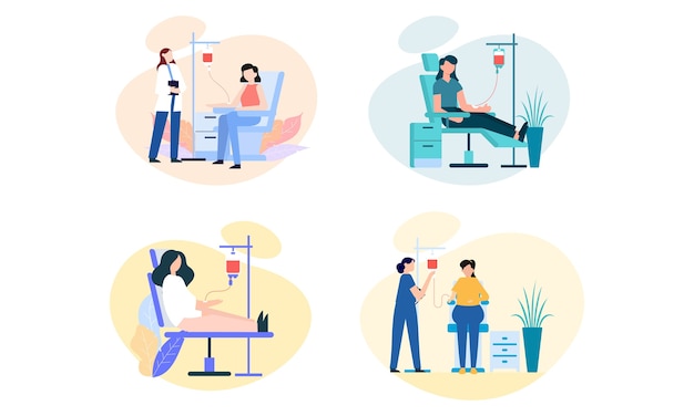 Set of flat design of people donating blood illustration