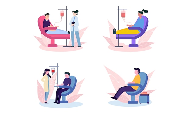 Set of flat design of people donating blood illustration