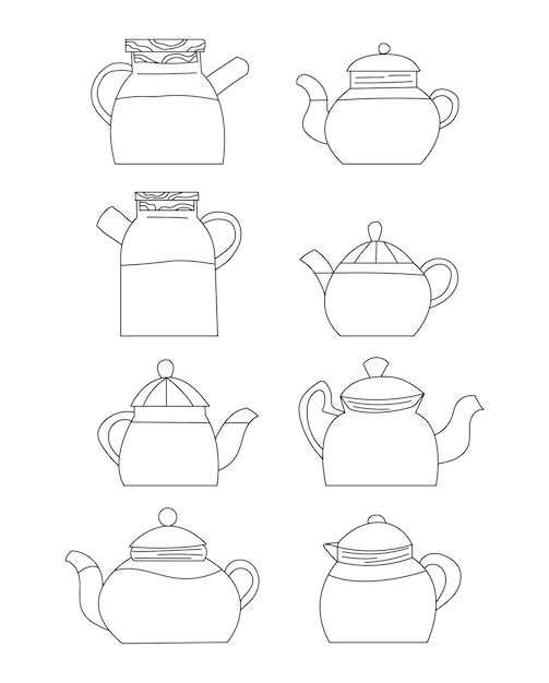 Набор векторных изображений плоского дизайна чайника различной формы, нарисованных в стиле каракулей