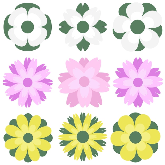 A set of flat design vector pink yellow and green flowers