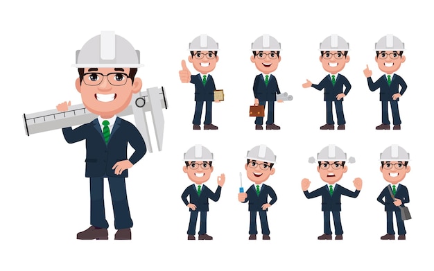 Vector set of flat engineer with different poses