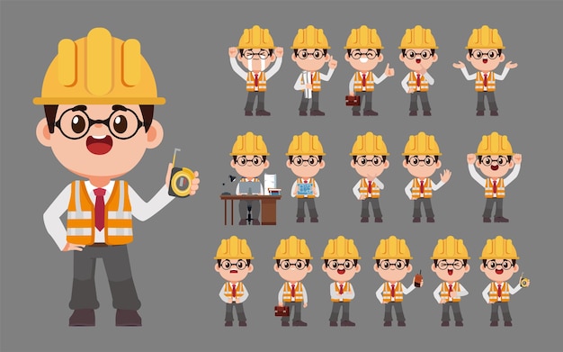 Vector set of flat engineer with different poses