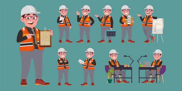 Vector set of flat engineer with different poses