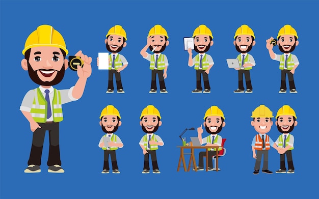 Set of flat engineer with different poses