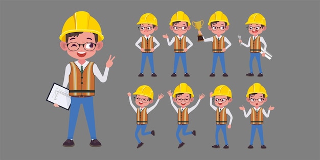 Set of flat engineer with different poses