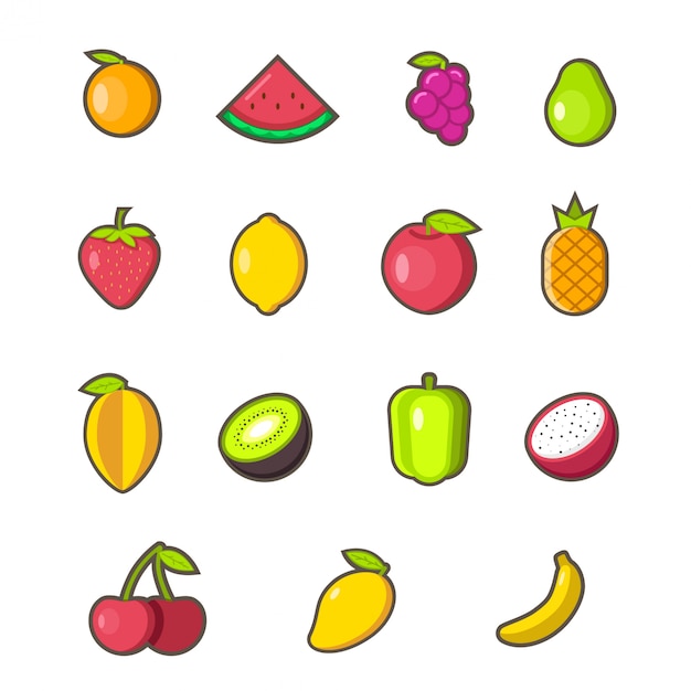 Set of flat fruit icons and elements