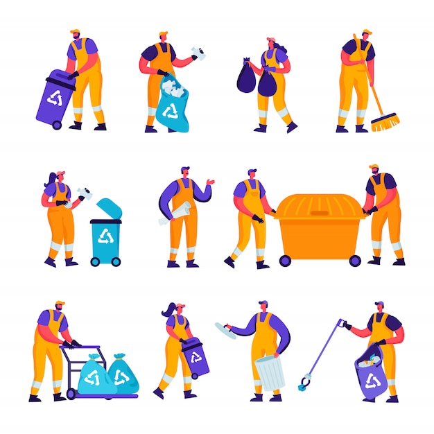 Vector set of flat garbage recycling and metallurgy factory workers characters