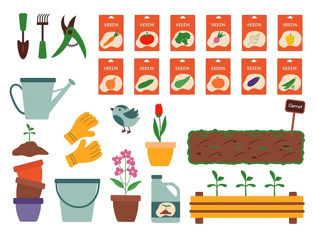 Vector set of flat gardening and agricultural tools seeds flower pots on a white background