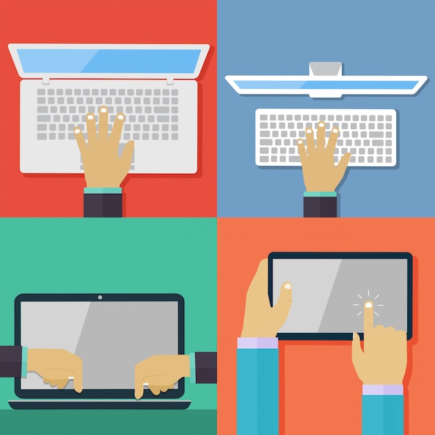 Vector set of flat hand icons holding various hi-tech computer and communication devices.  digital tablet and laptop using hand touching screen symbol