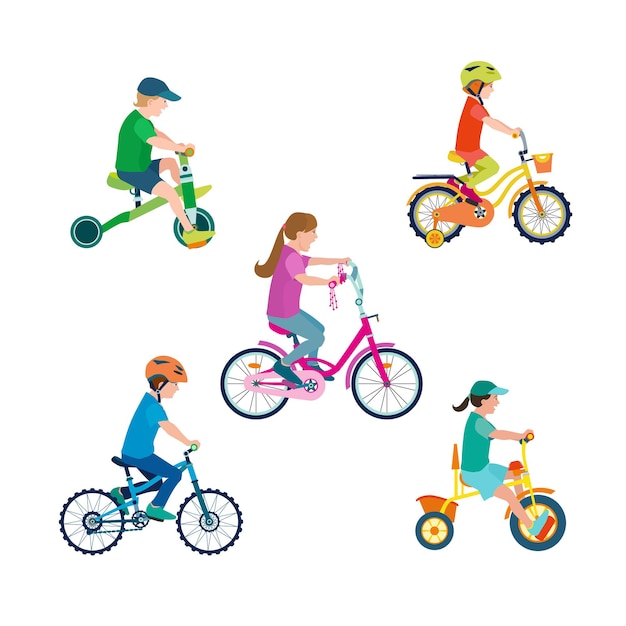 Set di bambini felici piatti sulle biciclette. bambino in sella a una bici colorata su sfondo bianco. ragazza e ragazzo bambini sport in bicicletta all'aperto. illustrazione vettoriale.