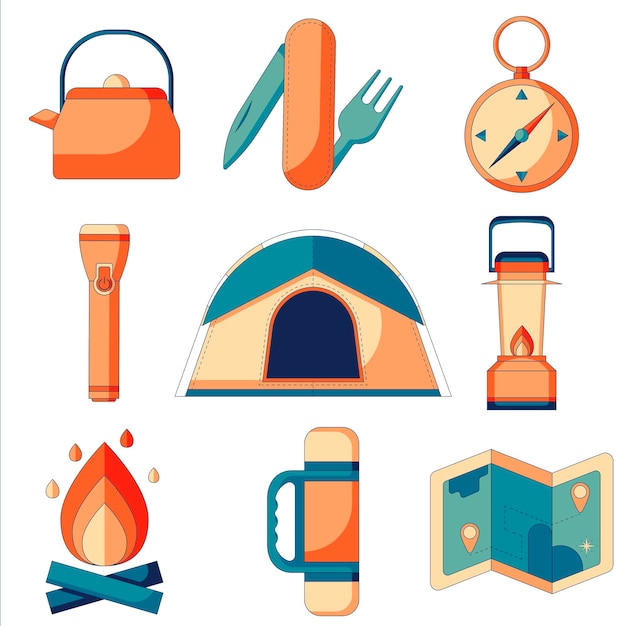 A set of flat icons of camping and survival in the wild