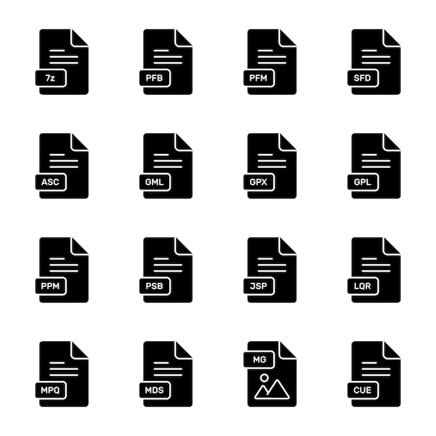 a set of flat icons depicting different file types each with its corresponding file extension