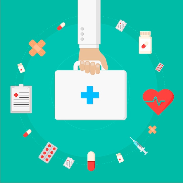 Set of flat icons Health care concept Hand Doctor with medical bag and medical icons Flat vector illustration