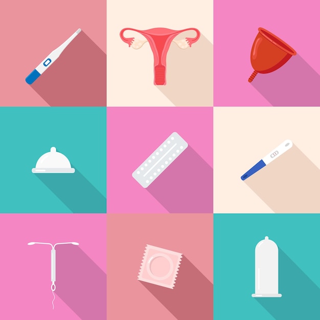 Vector a set of flat icons on the topic of female reproductive health contraception and pregnancy planning