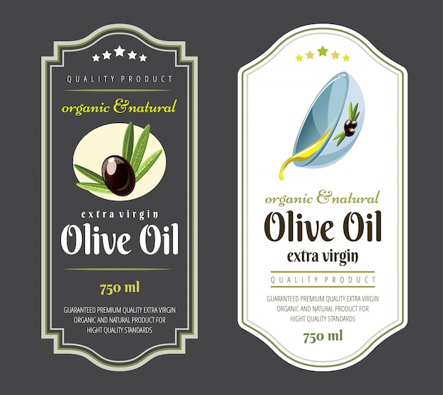 Vettore set di etichette piatte e badge di olio d'oliva. modelli disegnati a mano per l'imballaggio di olio d'oliva