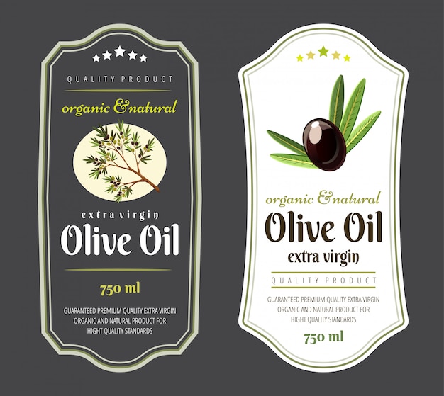 Vettore set di etichette piatte e badge di olio d'oliva. modelli disegnati a mano per l'imballaggio di olio d'oliva