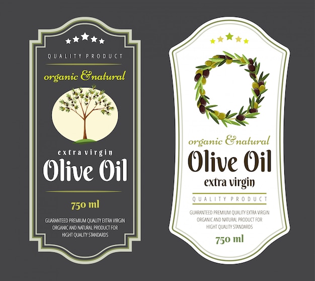 Set di etichette piatte e badge di olio d'oliva. illustrazioni per etichette di olio d'oliva, packaging design, prodotti naturali, ristorante. etichette di olio d'oliva. modelli disegnati a mano per l'imballaggio di olio d'oliva