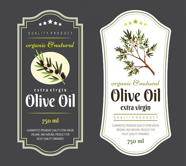 Set di etichette piatte e badge di olio d'oliva.