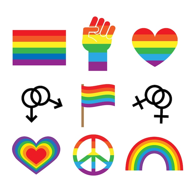 Vector set of flat lgbt homosexual rainbow flag icon symbols