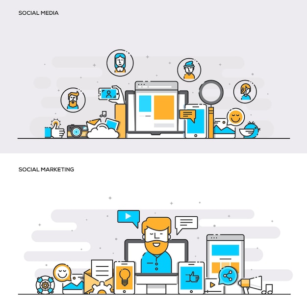 ソーシャルメディアとソーシャルマーケティングのためのフラットラインカラーバナーデザインコンセプトのセット。コンセプトウェブバナーと印刷物。ベクトルイラスト